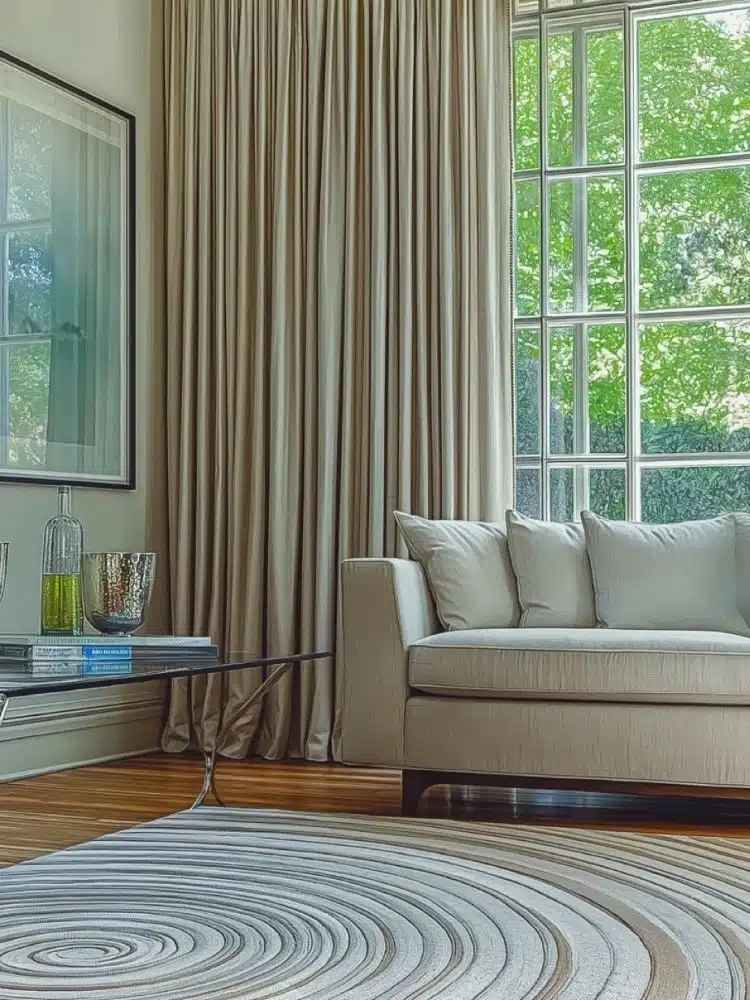 Living room with long beige curtains, light sofa and tone-on-tone carpet