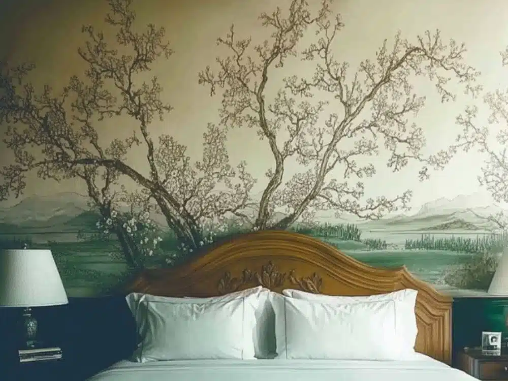 Wallpaper with painted tree in a bedroom with wooden headboard and refined ambiance