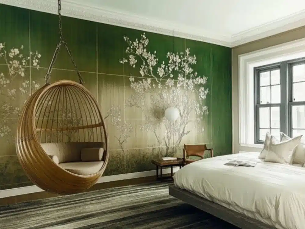 Wallpaper with flowering trees on a green background in a modern bedroom