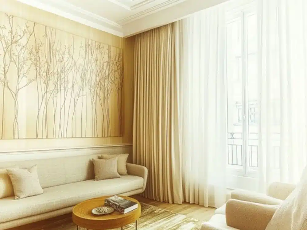 Wallpaper with flowering trees on a green background in a modern bedroom