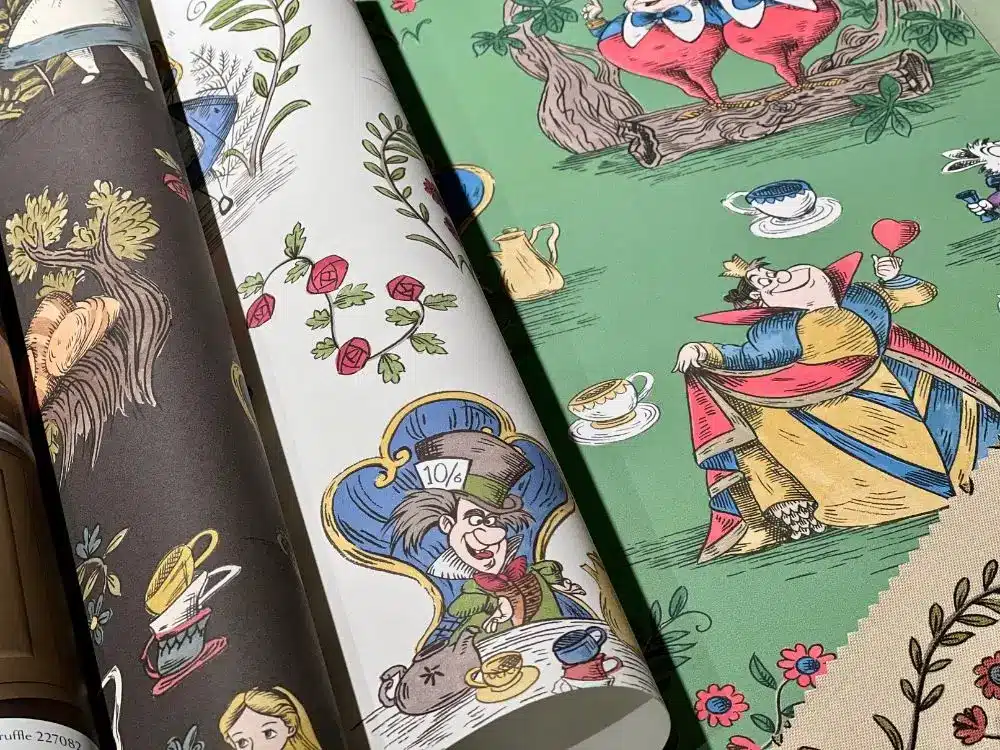 Sanderson Alice in Wonderland Disney themed wallpaper to decorate the children's bedroom