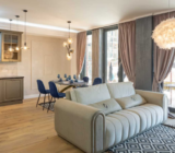 Open space includes kitchen and dining area